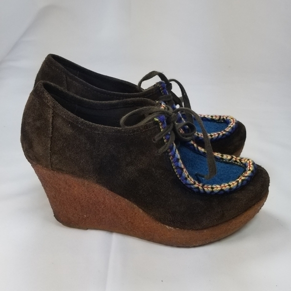 80%20 anthropologie brown suede blue tie wedge crepe sole booties 6.5 - Picture 6 of 10